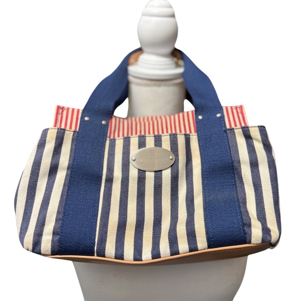 Tommy‎ Hilfiger Striped Canvas Tote Bag Nautical Blue White Red Handbag